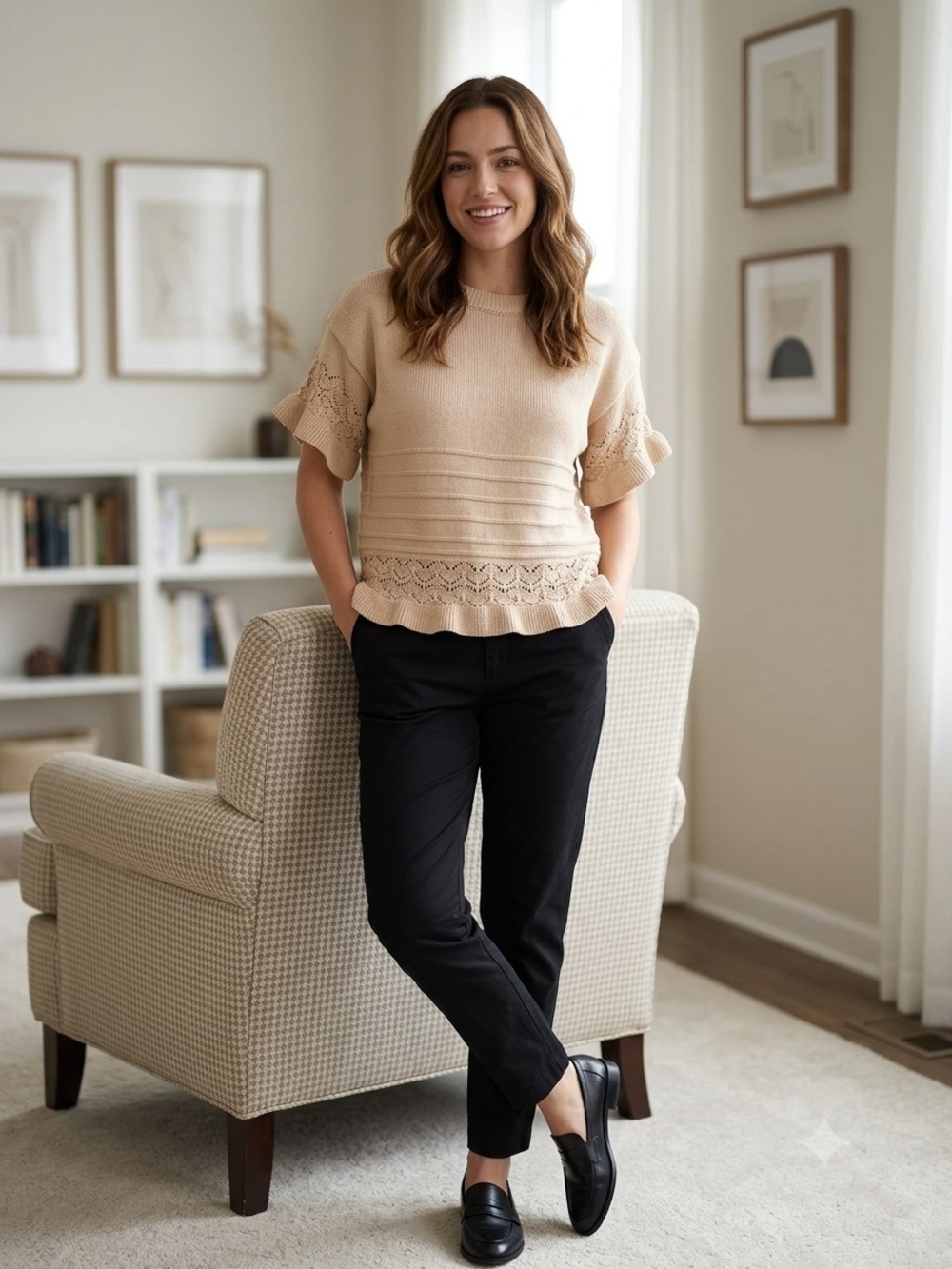 Beige Knit Ruffle Hem Short Sleeve Sweater
